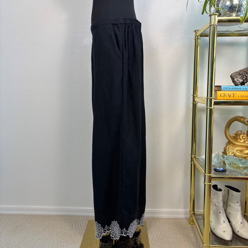 Midnight Sky Black Linen Blend Wide Leg Crop Pants White Lace Hem, Large Lagen - Picture 4 of 16